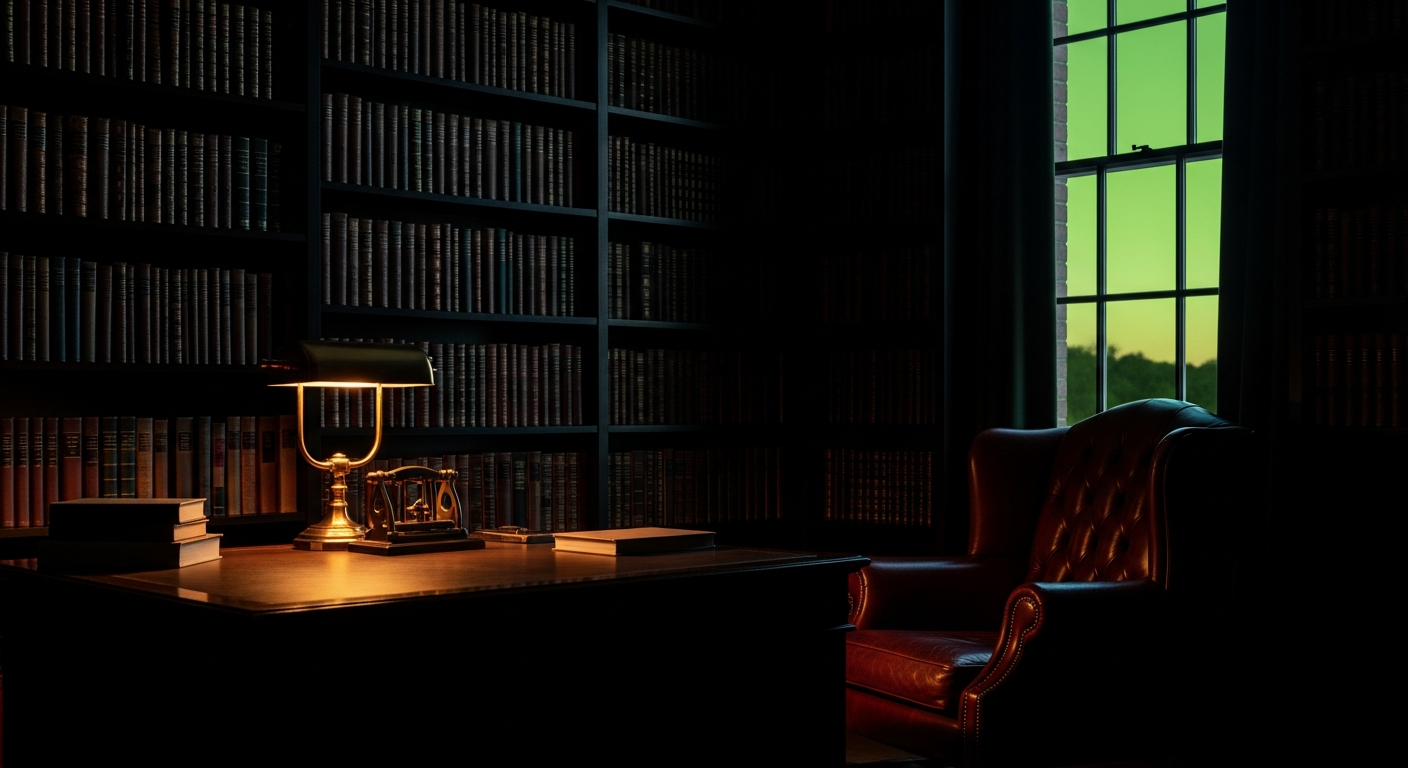 A private library study with a glowing brass banker's lamp and a leather chair, late afternoon sun raking across the floor.