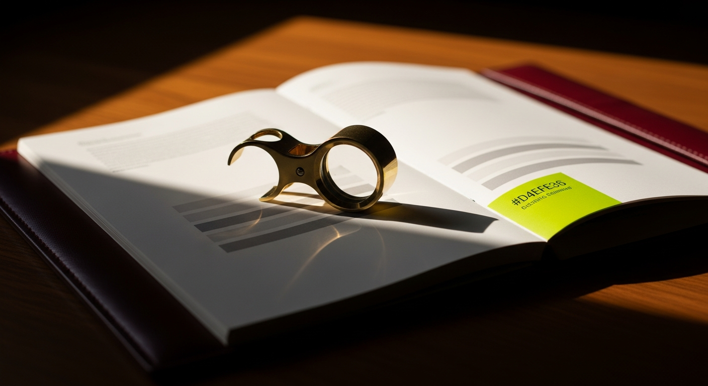 A brass magnifying loupe resting on a fanned-open corporate brochure atop a leather diligence binder in raking window light — the buyer's-eye review brokers can offer their sellers.