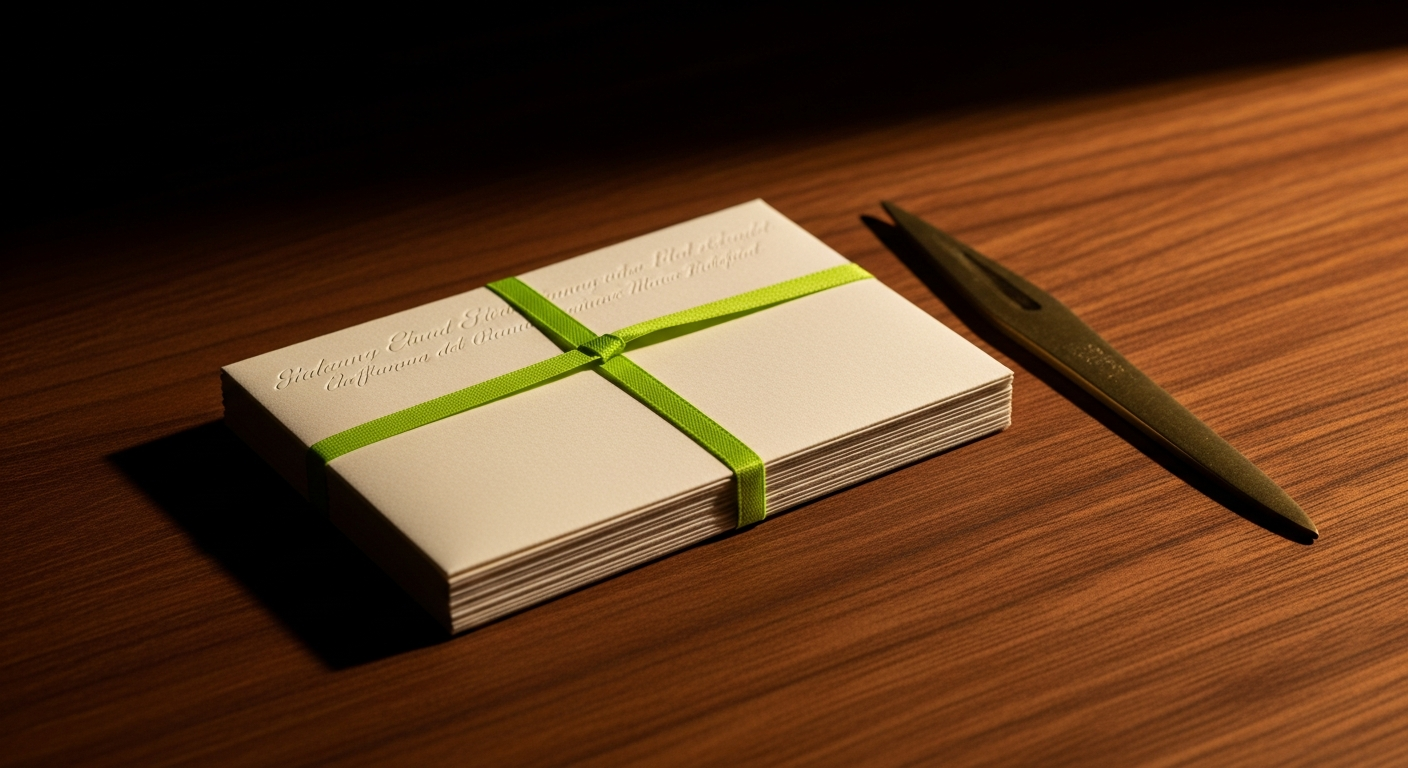 Cream letterpress correspondence cards tied with a bronze ribbon beside a brass envelope opener and fountain pen on cream linen.