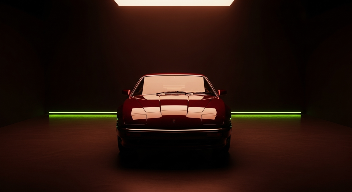 A deep oxblood classic car under a single museum spotlight in a dark detailing studio — the metaphor for detailing a business before sale.