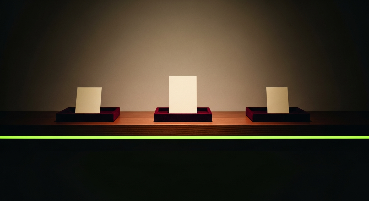 Three velvet trays on a pale marble shelf, each holding a piece of cream cardstock — quiet gallery lighting.