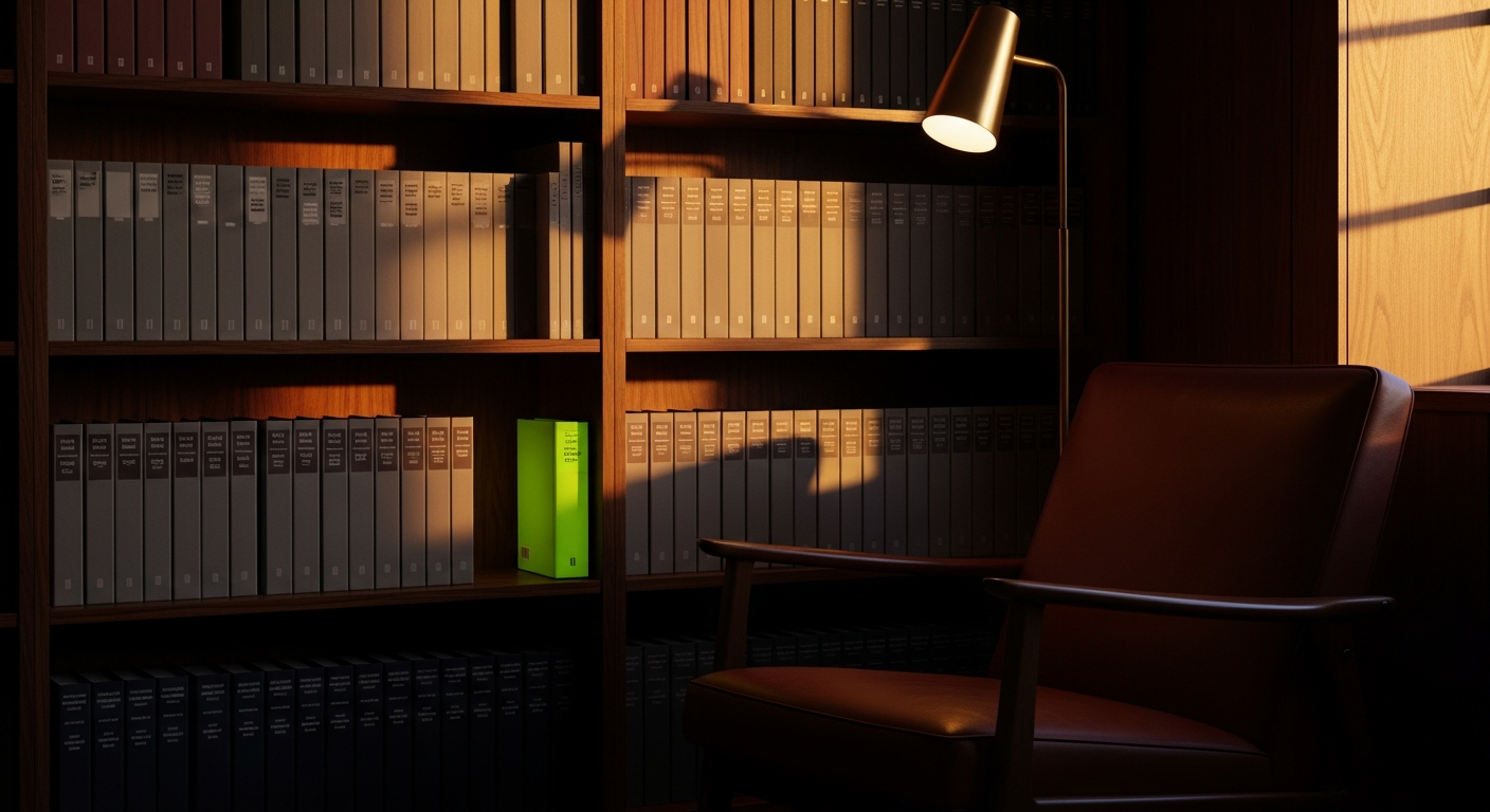 A reading-room corner: walnut bookshelves of bound annual reports, leather chair, brass floor lamp in afternoon light.