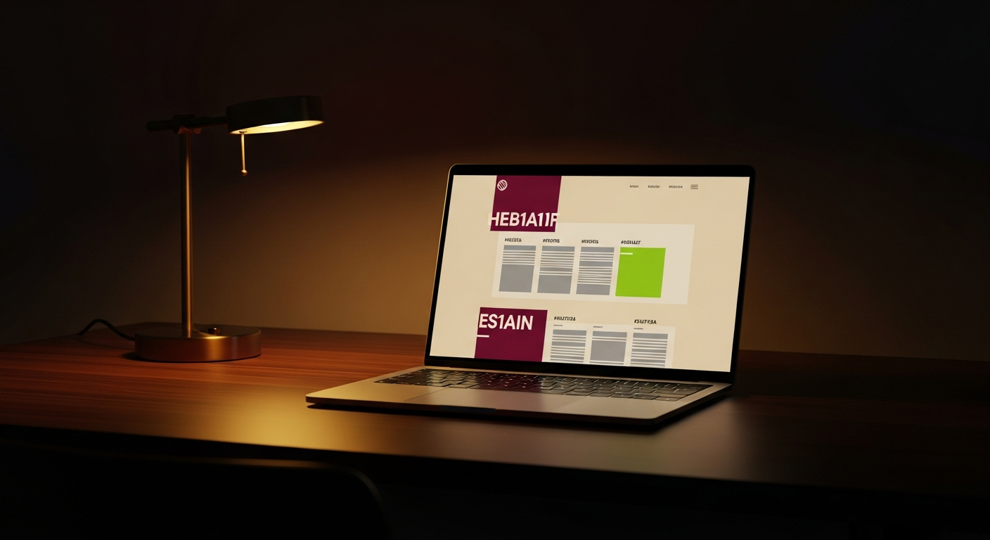 A modern laptop on a walnut desk showing an editorial webpage layout — cream backdrop, deep navy heading bars, brass desk lamp.