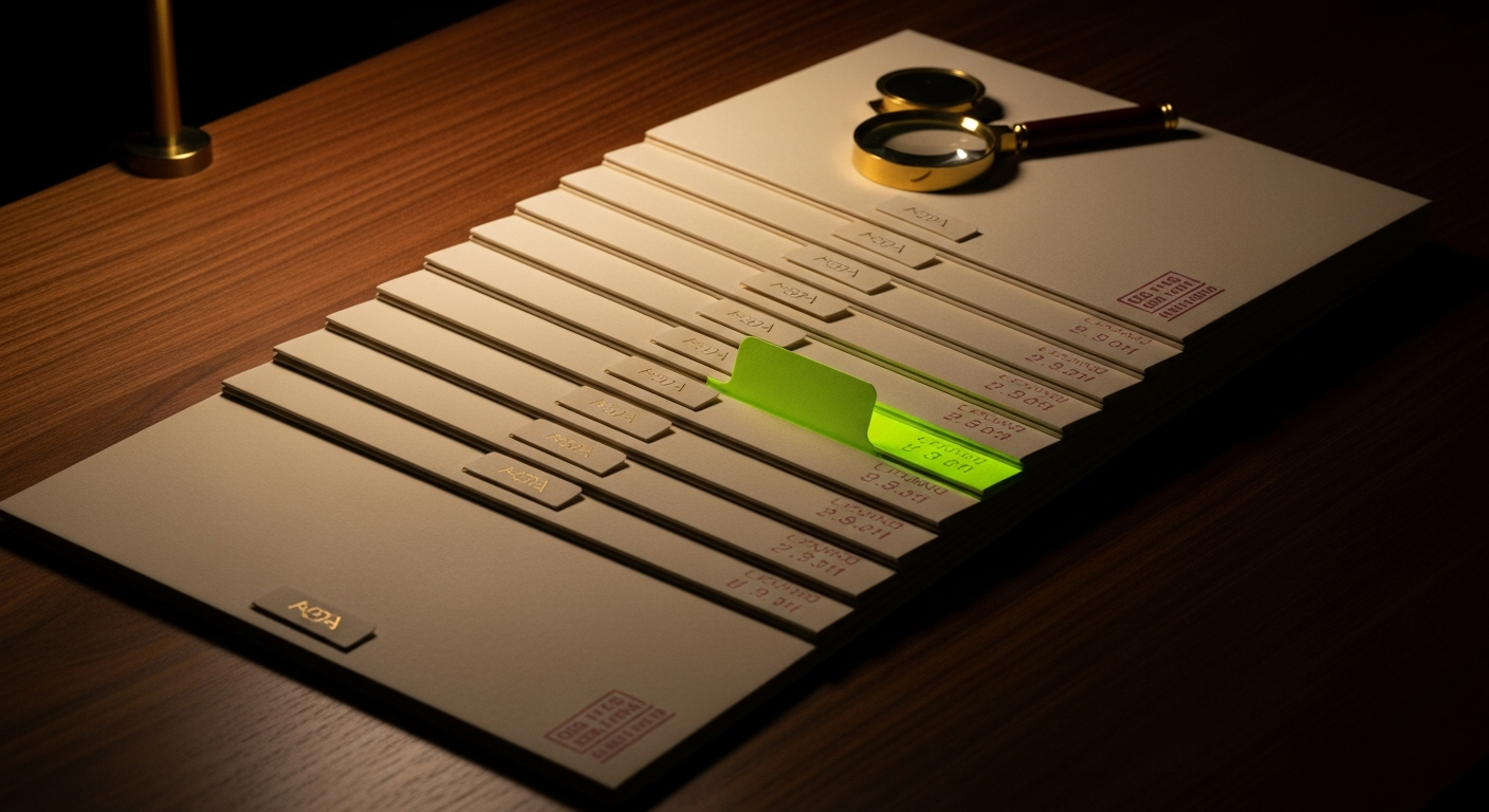 Top-down editorial view of cream archival folders fanned across a dark walnut table, one folder tab glowing electric chartreuse — a metaphor for the archival diligence pass on a seller's website.