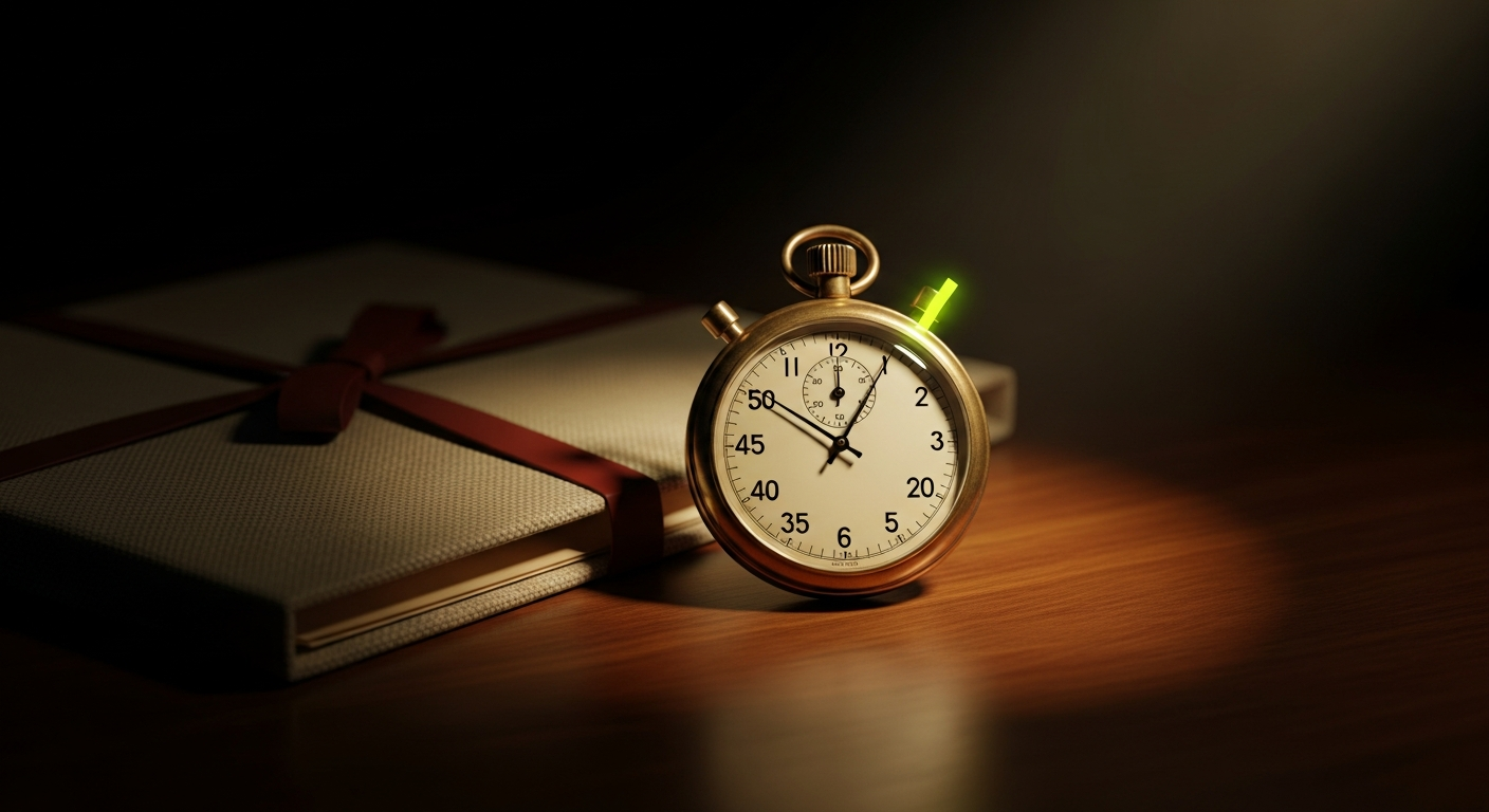 An antique brass stopwatch frozen at twelve minutes past the hour, beside a closed cream linen folder bound with oxblood ribbon, lit by a single warm spotlight on dark walnut.