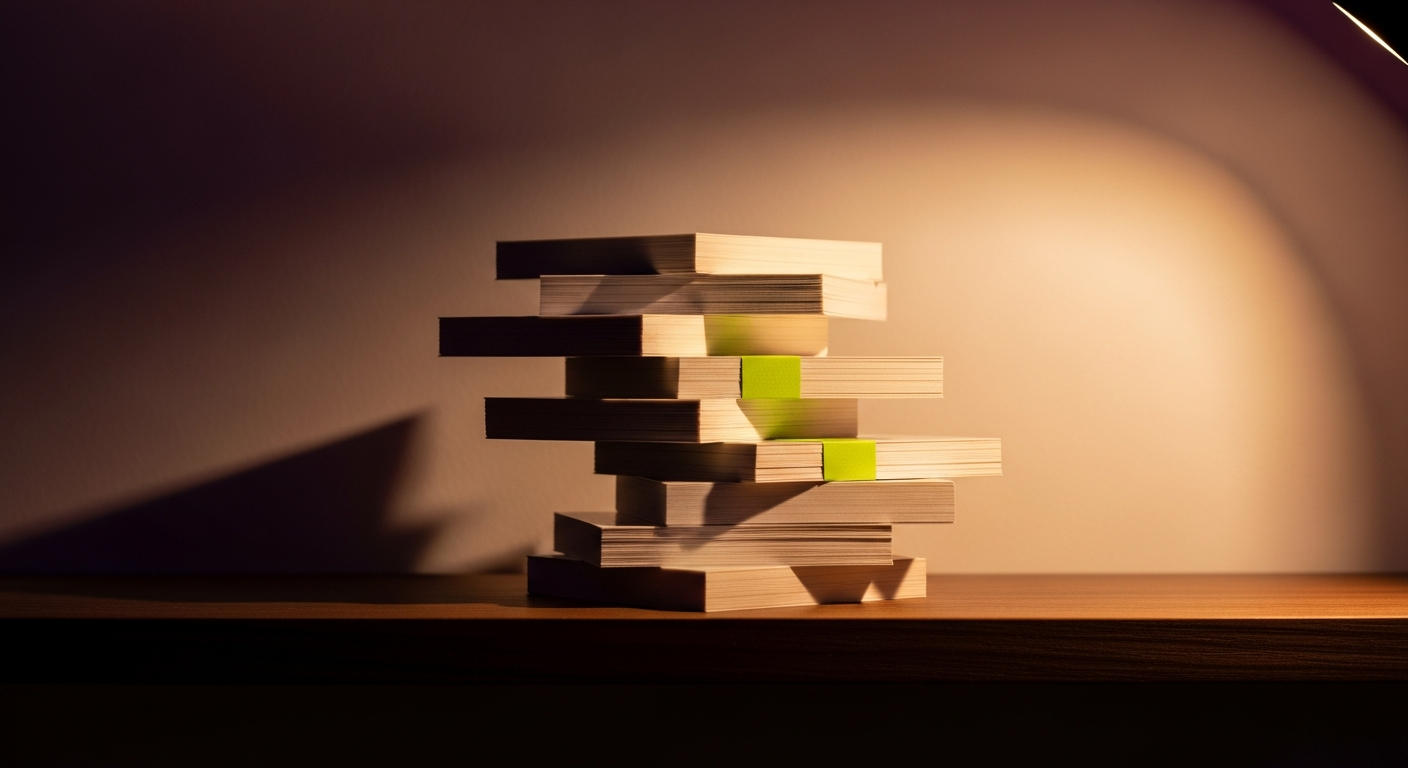 A vertical stack of cream cardstock cards on a dark walnut shelf, with one card bound by a single thin band of electric chartreuse paper — a metaphor for the layered signal stack a buyer reads when auditing a business.