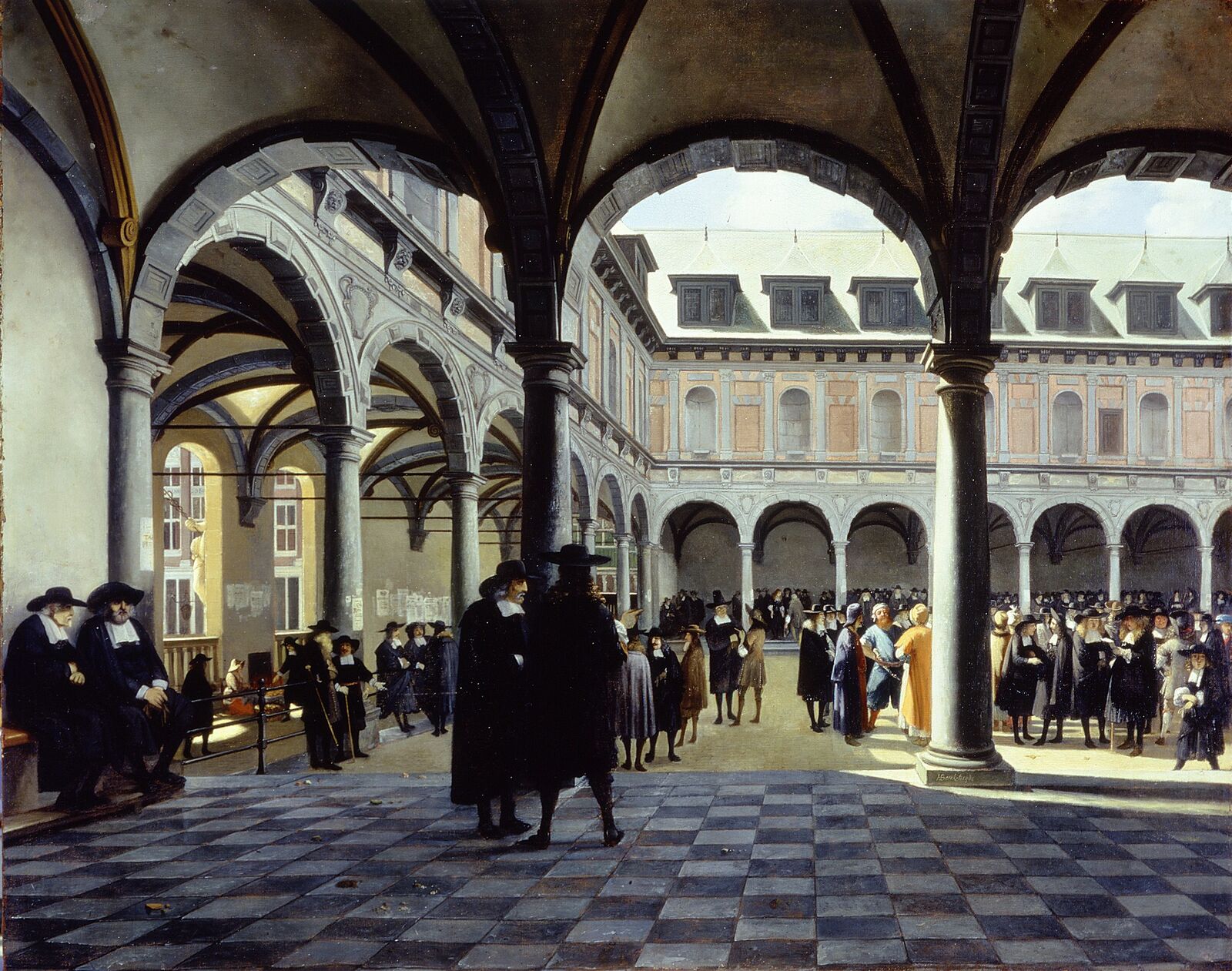 Job Berckheyde, The Courtyard of the Old Exchange in Amsterdam, c.1670 — merchants and brokers gathering in the colonnaded courtyard of the Beurs van Hendrick de Keyser to trade shares and goods.