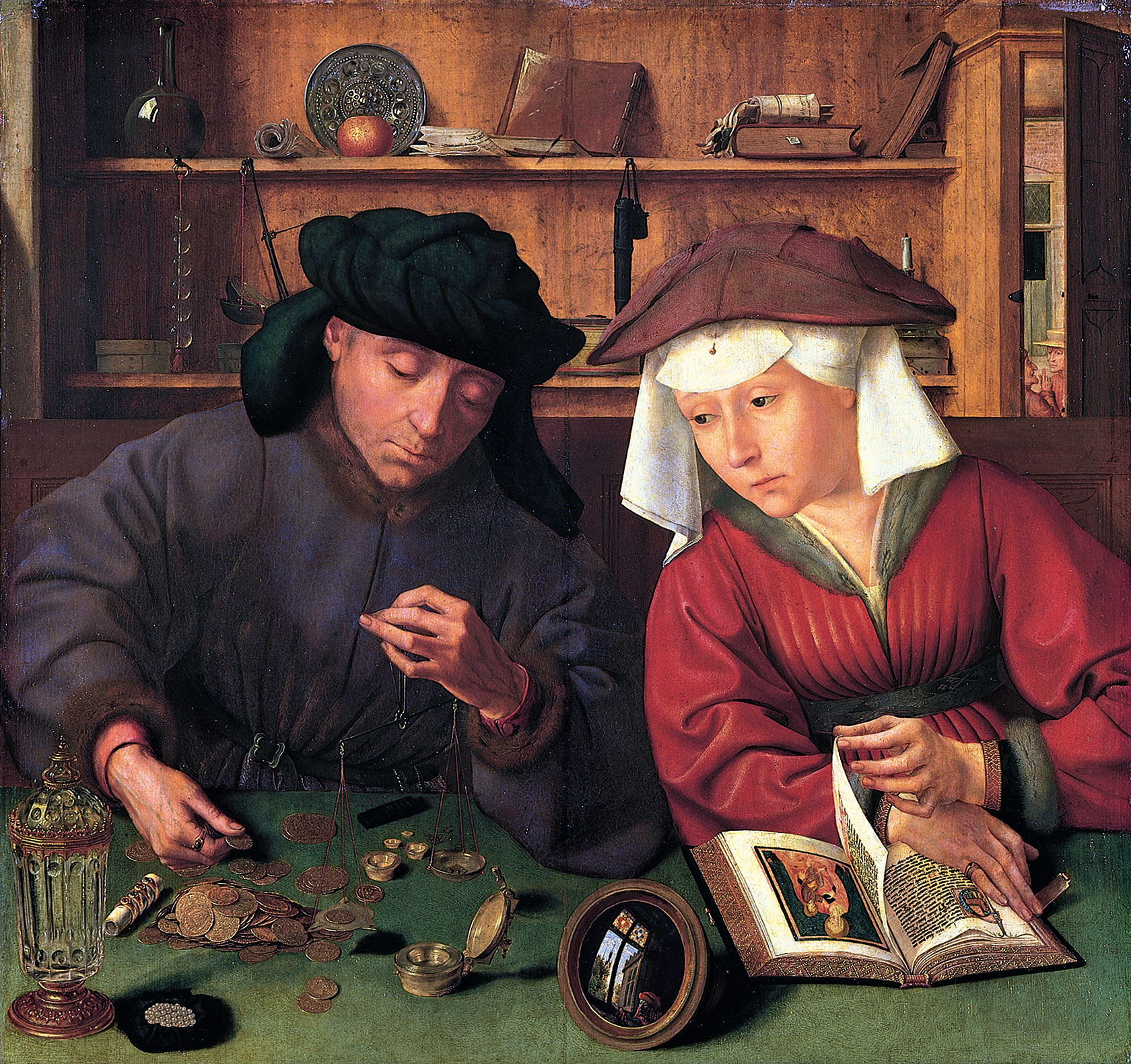 Quentin Massys, The Moneylender and his Wife, 1514, oil on panel — a moneylender at his counter weighing coins with a balance scale while his wife reads from an illuminated book, turning a page to glance over.